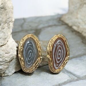 2 Elegant Gold Gray and Brown Stone Rings